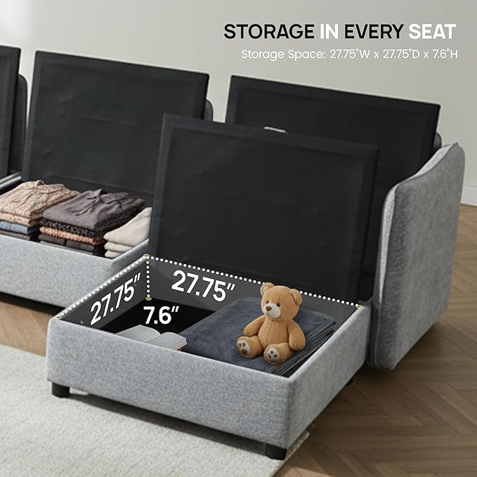 Oversized Modular 8 Seater Sofa with Removable Covers and Storage, Convertible U, L-Shaped and Sleeper Sectional, Modern Sectional Couch with Ottoman Chaise for Living Room, Bedroom, Apartment, Gray