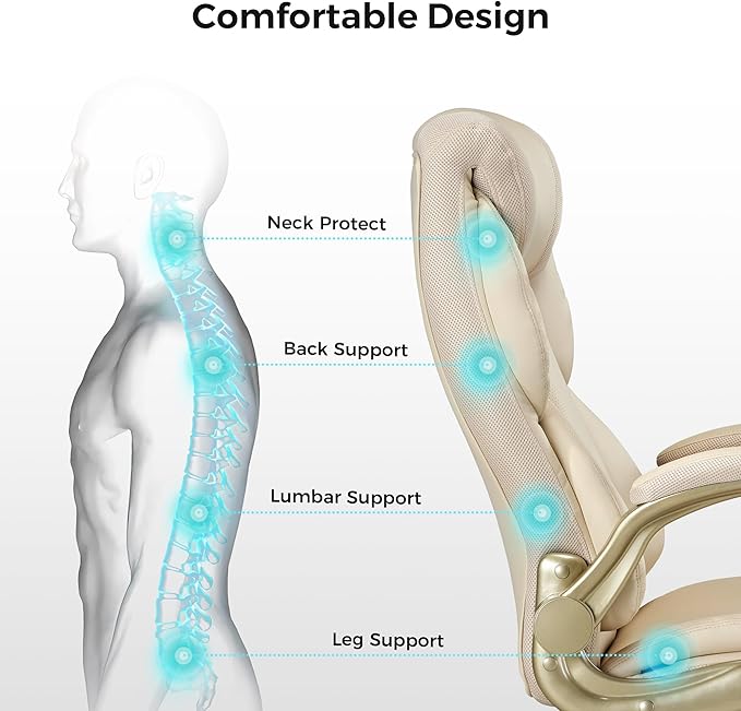 EUREKA ERGONOMIC Galene Executive Office Chair Flip Up Arm Rest, Ergonomic Desk Chair Faux Leather Computer Chair, High Back Office Chair with Headrest, Home Office Desk Chairs with Wheels, Beige