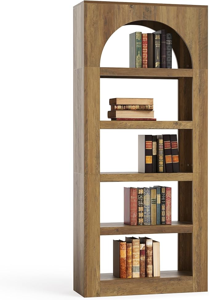 LITTLE TREE 5-Tier Arched Bookshelf, 70.8 Inches Modern Wooden Bookcase, Open Display Storage Shelf Organizer for Living Room, Home Office, Bedroom, Light Brown