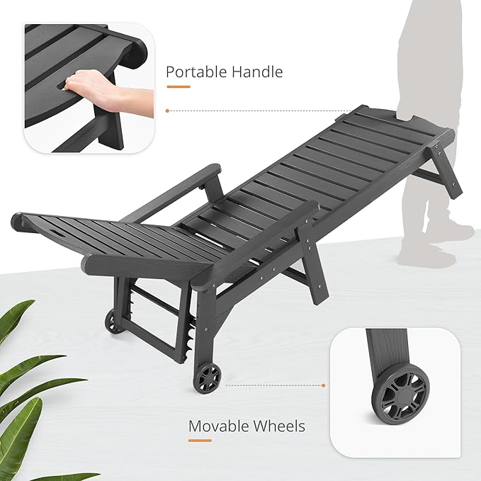 LUE BONA Chaise Lounge Chair with Table, 3-Piece, HDPS Chaise Lounger, 5 Positions Adjustable Lounge Chairs, Pool Lounge Chair with Wheels for Poolside, Backyard, Dark Gray