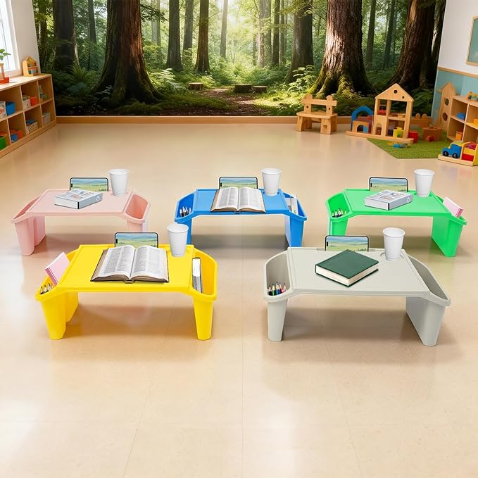 15-Piece Kids Lap Desk Tray, Portable Activity Trays with Cup Holder and Side Pockets Multicolor Reading Desk for Classroom & Home