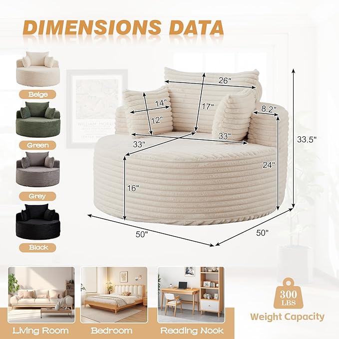 50"W Oversized Round Chaise Lounge Chair Indoor, Upholstered Corduroy Deep Seat Cloud Circle Sofa Chair, Modern Fluffy Comfy Floor Reading Armchair for Living Room, Bedroom, No Assembly Required,Beige