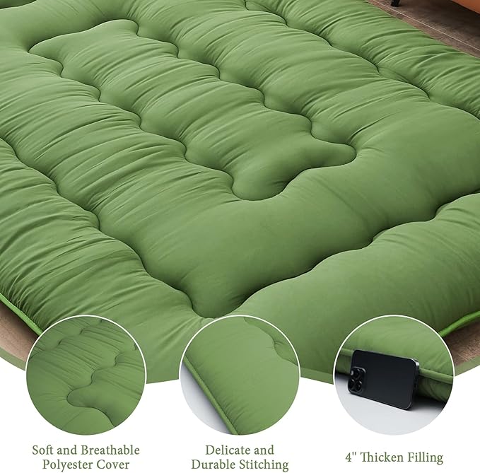 DAICO Japanese Floor Mattress, 4'' Thicken Futon Mattress Tatami Mat, Sleeping Pad Foldable Roll Up Mat for Camping and Guest Room, Twin Size 39''*80'', Green