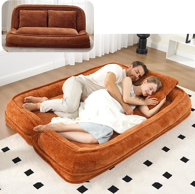 Foldable Lazy Sofa Bed, Chenille Upholstered Human Dog Bed for Adults, 2 in 1 Convertible Floor Sofa with 5 Adjustable Backrest Positions and Soft Cushions for Living Room (Orange)
