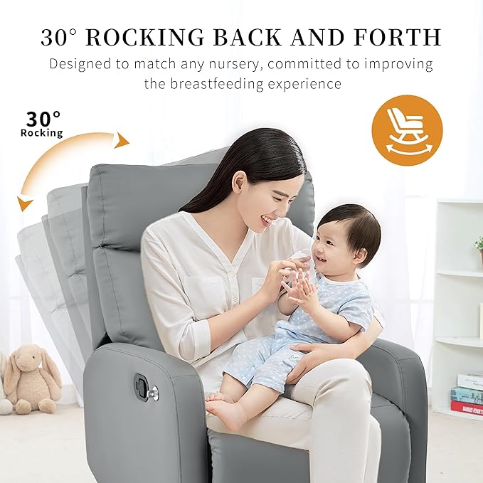 QKFF Swivel Rocker Recliner Chair for Nursery, Upholstered 360° Leather-air Glider Rocking Chair with Phone Holder, Manual Small Recliners for Small Spaces Living Room