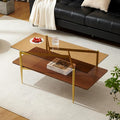 Pine Flicker Rectangle Coffee Table, Mid-Century Modern Design, L41*W21*H17 inch, for Living Room, Amber Glass Top and Walnut Finish Wood Shelf, Conical Metal Legs with Gold Finish