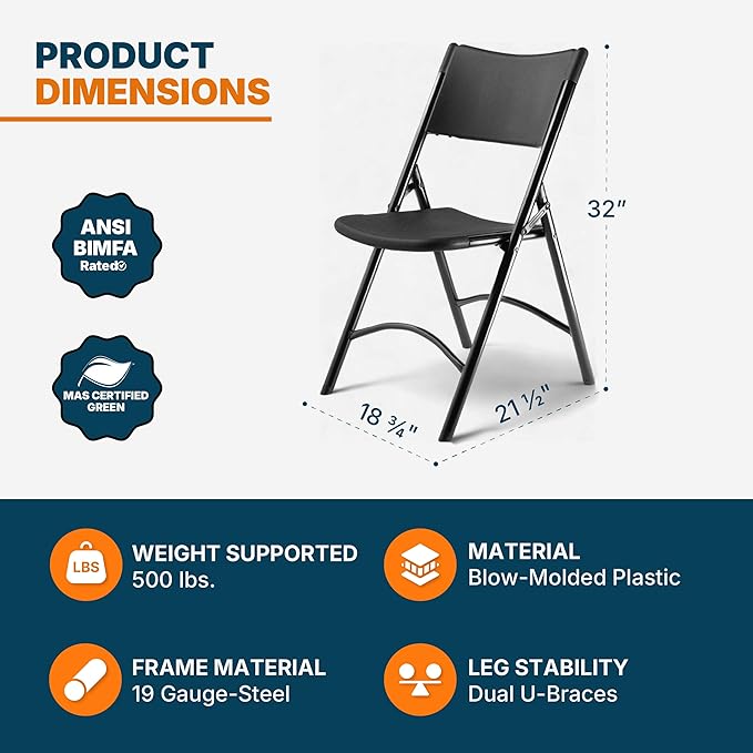 OEF Furnishings OEF600 Series High Back Folding Chairs, Blow-Molded Polyethylene Commercial-Grade Seating for Indoor and Outdoor Use, 500 lb Weight Capacity, 4-Pack (Black)