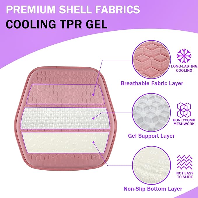 Binsheo Thin Gel Seat Cushion for Car Seat, Office Chair, Wheelchair, Golf Cart - Non-Slip Car Seat Cushions with 0.7 Inch Gel - Sciatica & Coccyx Pain Relief (Fabric, Pink)