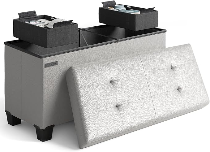 Storage Ottoman Bench with Bins, 30-in Storage Bench for Bedroom End of Bed, Folding Foot Rest Ottoman for Living Room Max 660lbs, Faux Leather Ottomans, Light Grey