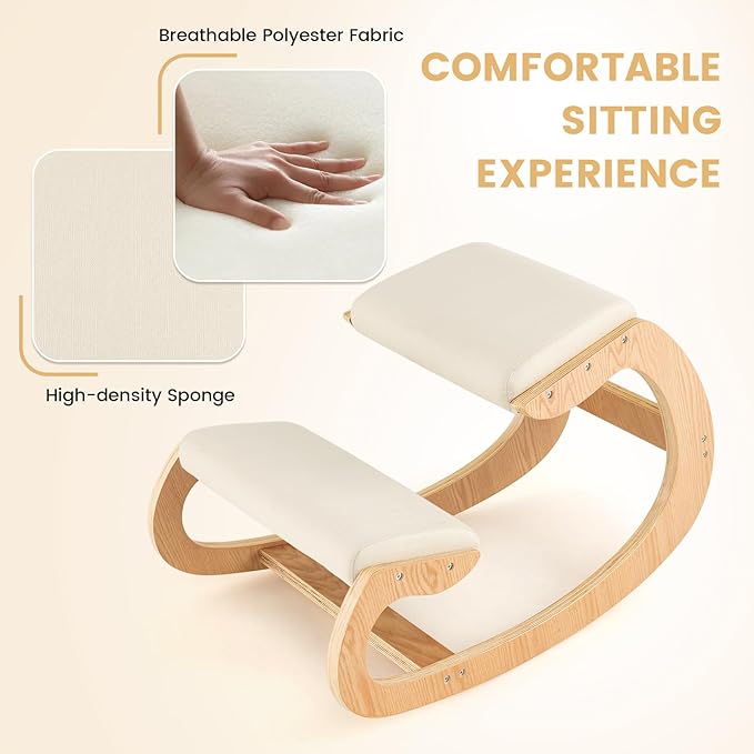 Giantex Ergonomic Kneeling Desk Chair, Rocking Knee Chair with Cushion & Solid Wood Frame, Natural Relief for Neck or Back Pain, Posture Chair for Desk, Home, Office, Max Load 330 Lbs (Beige)