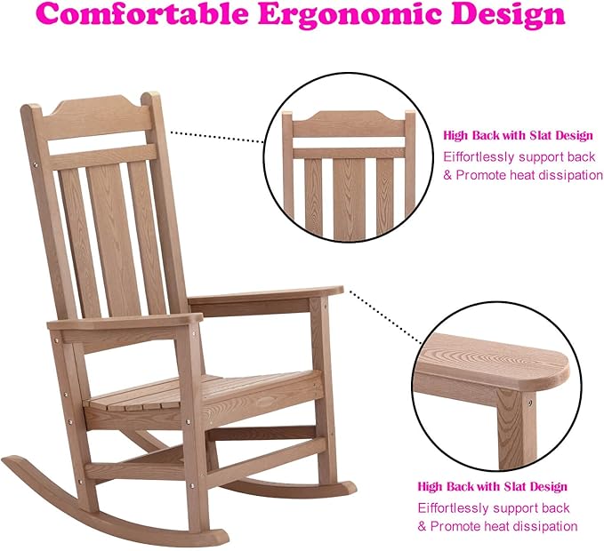 hOmeHua Rocking Chair, All-Weather Oversized Outdoor Indoor, Patio Fade-Resistant Porch Rocker Chairs, Durable Smooth Rocking,Comfortable Easy to Assemble, Low Maintain (Wood Color)