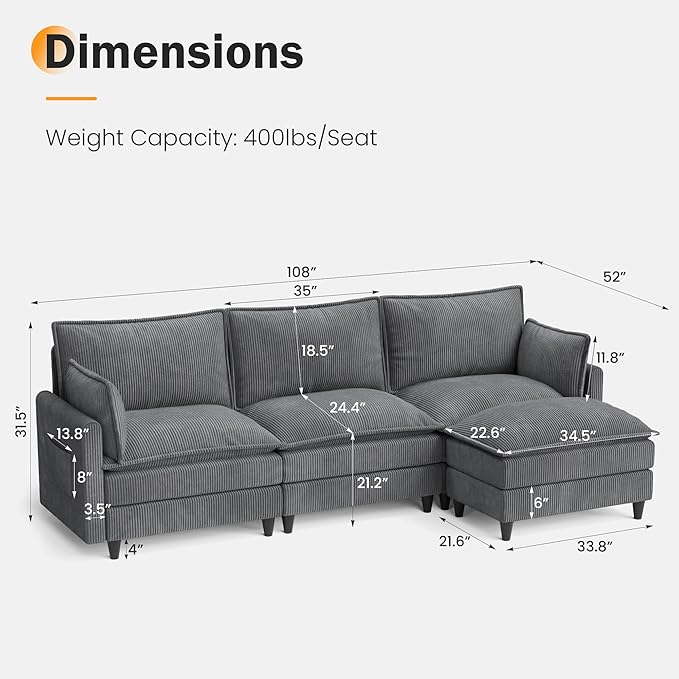 Apicizon 108" Cloud Couch Sectional, L Shaped Cloud Sofa with Side Storage Pocket, Modern Corduroy Sofa Set for Living Room, Office, Grey