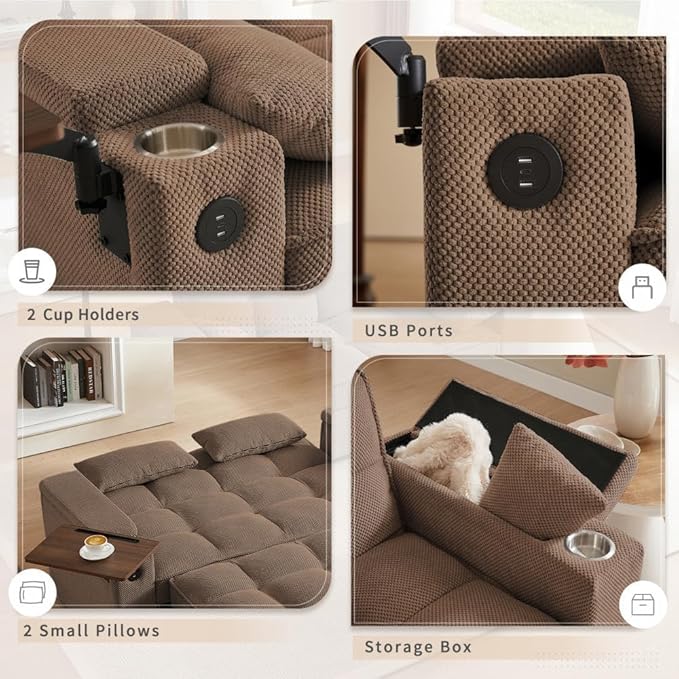oaaktu ﻿ Large Size Convertible Sleeper Sofa Bed,Polka dot Velvet Pull Out Futon Couch with Storage handrails & Rotating Side Tables,Convertible Sofa Couch for Living Room,RV (Coffee)