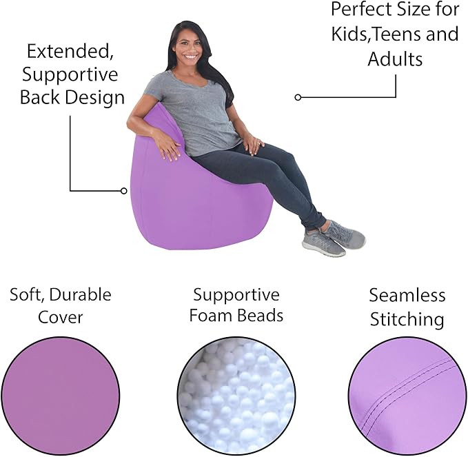 FDP SoftScape Dew Drop Bean Bag Chair with Supportive High-Back Design, For Kids, Teens and Adults, Alternative Seating for Dorms, Schools, Libraries, Daycares or Home - Lavender