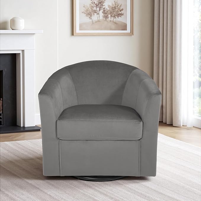 DREAMSIDEA Swivel Accent Chair, Upholstered Velvet Barrel Armchair, Modern Round Single Sofa Seating Comfy Reading Corner Chairs for Living Room Bedroom, Fully Assembled (Velvet Grey, Set of 1)