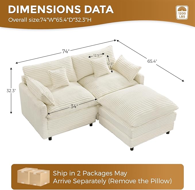 HYJT-H&K 74" L Shaped Cloud Couch Modular Small Sectional Couches for Living Room Small Spaces, Comfy Fluffy Corduroy Cloud Loveseat with Ottoman 3 Seat Sectionals Sofa, White