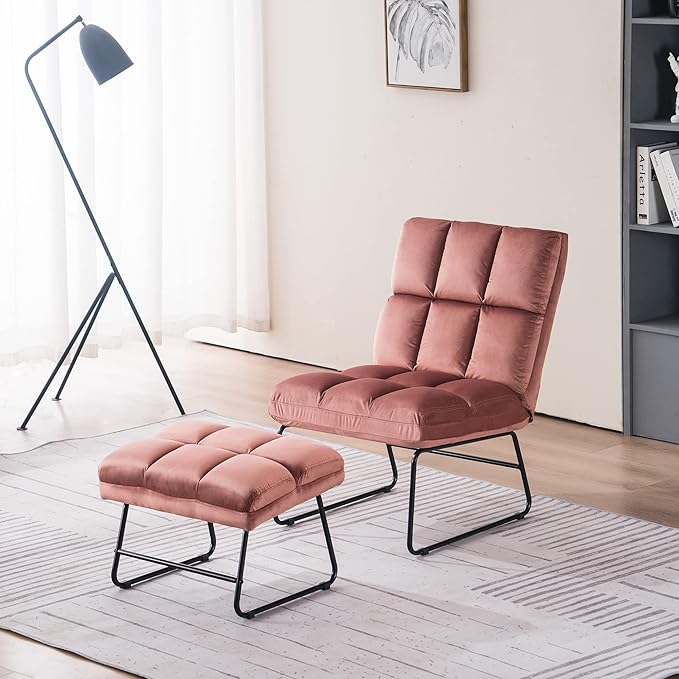 MCombo Velvet Accent Chair with Ottoman Set, Modern Armless Chair for Living Room, Bedroom, Small Space 0014 (Velvet, Pink)
