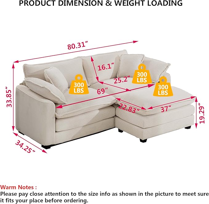 Aoowow Corduroy Loveseat Couch with Ottoman,Modern 2 Seater Cloud Couches for Living Room,Modular Sectional Cloud Sofas Deep Seat,Large L-Shaped Couch for Small Spaces (Beige, 2 Seater + 1 Ottoman)