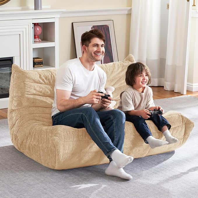 HABUTWAY Bean Bag Chair, Giant Bean Bag Chairs for Adults, Loveseat Fireside Chair, 2 Seater Lazy Bean Bag Sofa Memory Foam Couch for Living Room, Bedroom, Office (Khaki)