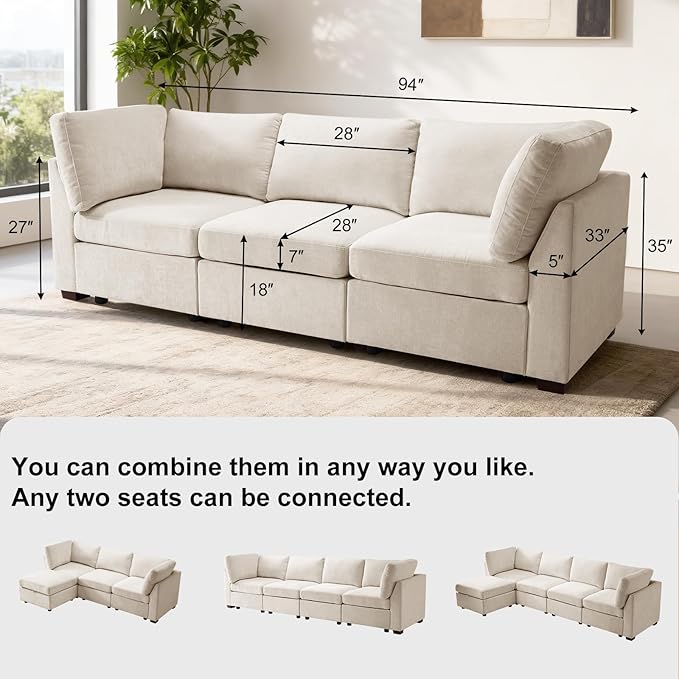 EDILLY 94 inches Oversized Modular Sectional Fabric Cloud Sofa Set, Extra Large L Shaped Couch Reversible Chaise Couch,3 Seat Modular Sofa,Beige