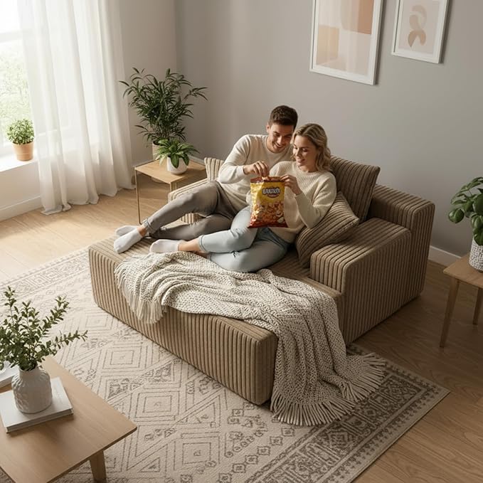 Sytopia Chaise Lounge with Armrests, Oversized Sofa Bed with 3 Pillows, Cozy Boneless Couch, Sleeper Reading Chair for Living Room Bedroom, Floor Sofa Corduroy, Furniture Sala, Cashmere Beige