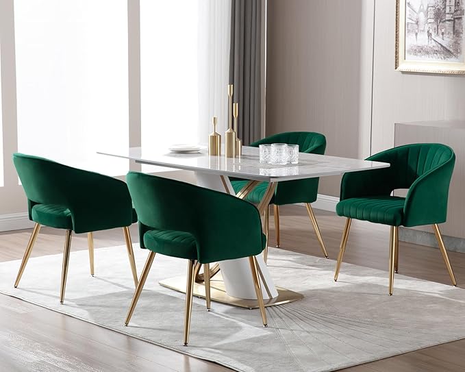 KCC Modern Accent Dining Chairs Set of 2, Upholstered Velvet Dining Room Chairs with Hollow Back, Tufted Kitchen Chairs Side Chair with Gold Metal Legs for Living Room Restaurant, Green