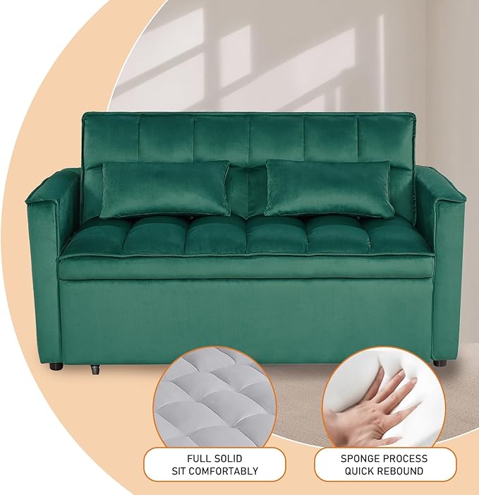 3 in 1 Convertible Sleeper Sofa Bed, Futon Couches for Living Room with Side Pocket | Adjustable Backrest| Velvet Fabric | Pull Out Couch | Love seat Sofa|2-seat Sofa Bed (Green)