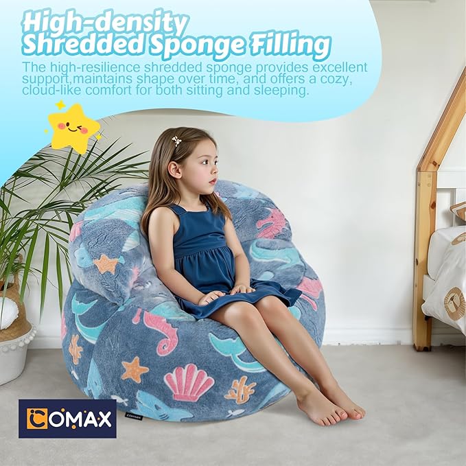 COMAX Bean Bag Chair for Kids, Dinosaur Convertible Toddler Beanbag Bed, Children Bean Chair Stuffed to Floor Mattress with Filler, Ocean Life