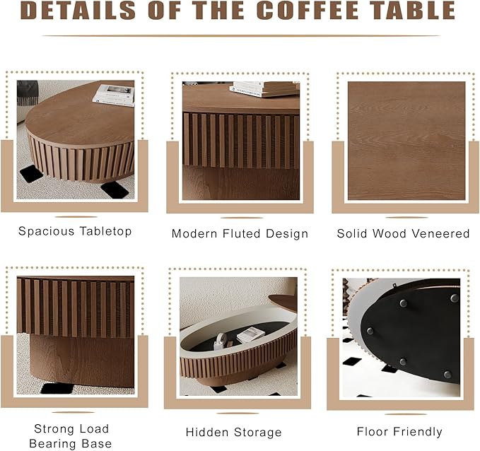 FGXJY Oval Coffee Table with Storage, Modern Walnut Coffee Table with Solid Wood Veneered, Fluted Center Table Wood Drum Tea Table for Living Room Apartment, 47.2''L×23.6''W×14.2''H