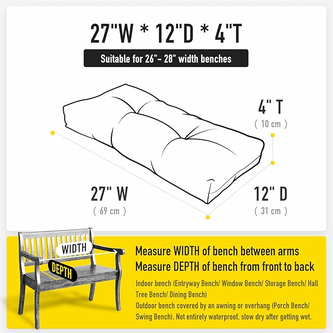 SUNROX LokGrip Non Slip Tufted Memory Foam Bench Cushion, FadeShield Water Resistant Durable Thicken Outdoor/Indoor Bench Seat Pads 27x12x4 inch, Cream