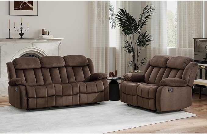 EBELLO Manual Reclining Sofa Set, Classic 5-Seater Furniture Set with Overstuffed Arms and Backrest, Include 1 Loveseat Couch and 1 3- Seat Sofa, Brown