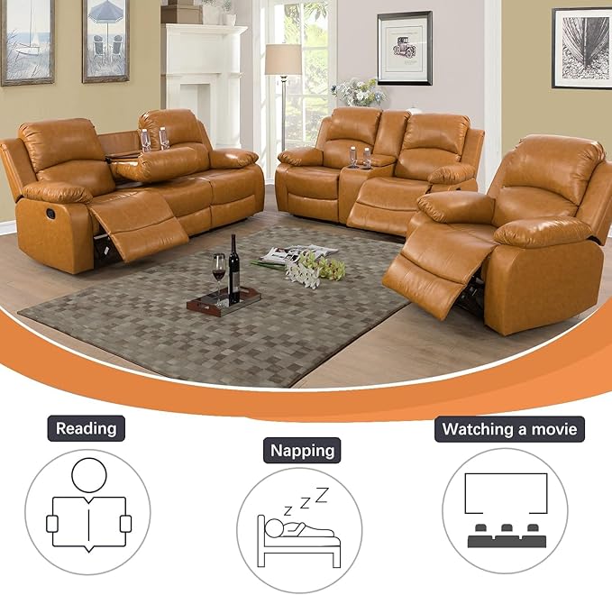 AYCP Bonded Leather Living Room Furniture Set Reclining Sofa Set Loveseat Furniture Sets in Living Room Sofa Recliners (3 Pieces, Ginger)