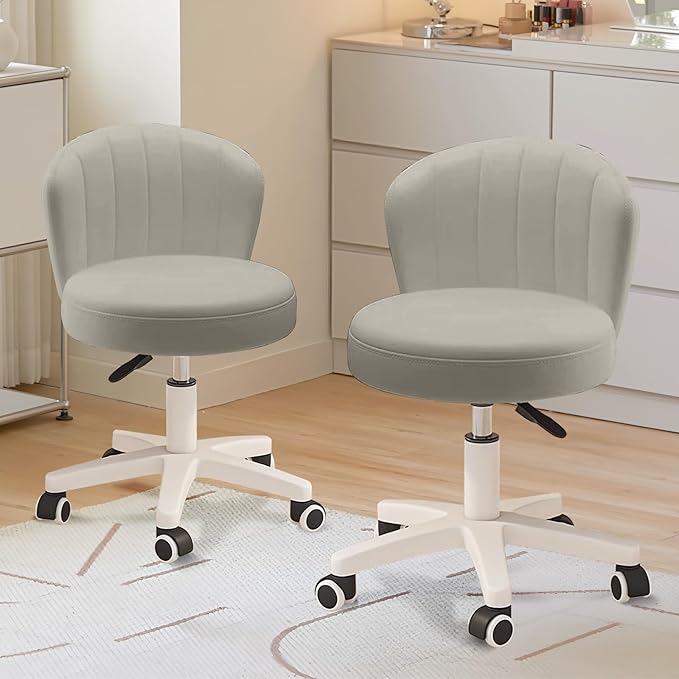 HDHNBA Small Desk Chair Round Rolling Chair with Back PU Leather Height Adjustable Swivel Vanity Work Computer Stool Chair for Home Office Bedroom, Set of 2