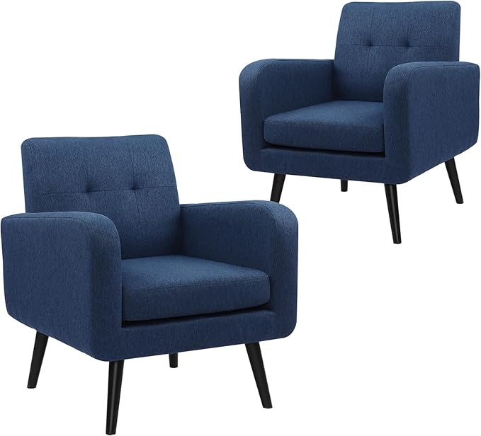LSSPAID Accent Chairs Set of 2, Modern Blue Linen Fabric Living Room Chairs, Comfy Upholstered Armchairs Single Sofa Chair with Solid Wood Legs for Apartment, Reading, Office