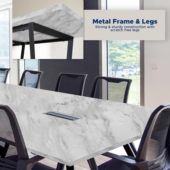 ahliss Sturdy Conference Table with Cable Management Grommets Modern Rectangle Office Meeting Table with Wood Tabletop and Metal Frame & Legs- Easy Assembly Boardroom Table (White Marble, 8 Foot)