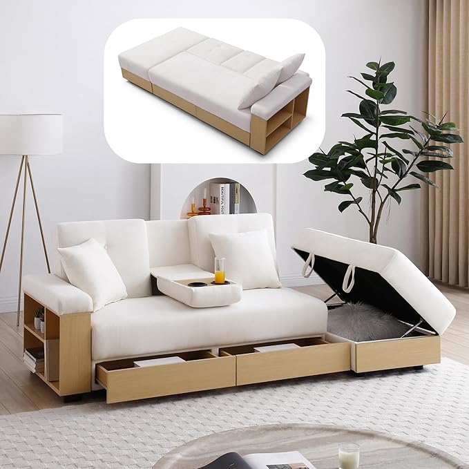 Roockky Convertible Sofa Bed, 85" Folding Sectional Sleeper Sofa with Storage Ottoman, Drawers, Built-in Bookshelves and 2 Cup Holders, Linen (Beige)