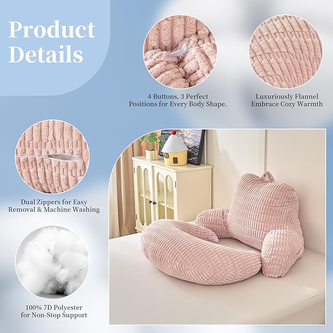 PAJEO Back Pillow for Bed Sitting Up,U Shaped & Back Support Pillow for Bed,19" Backrest with Lumbar & Arm Support,Comfy Corduroy Fabric,Lap Pillow for Gaming/Reading/Watching TV,Pink