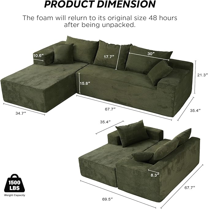 Sectional Cloud Boneless Couch for Living Room Bedroom, Comfy Modern L Shaped Modular Sofa with Left Facing Chaise, Deep Seat Memory Foam Couch in Box, No Assembly (Fine Striped Corduroy, Green)