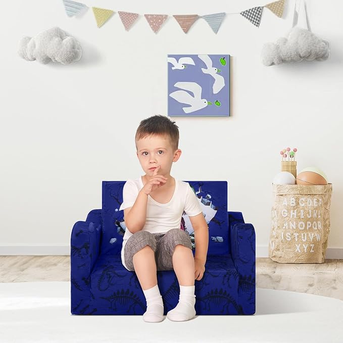 alldomess Comfy Kids Couch, 2-in-1 Folding Kids Sofa Bed for Toddler Boys, Convertible Sofa to Lounger Toddler Couch Chair for Baby Bedroom Playroom Nursery,Roaring Dinosaur