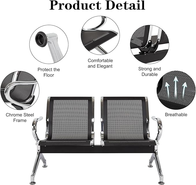 Kinfant Waiting Room Chair Bench Set - 2-Seat Office Guest Benches Reception Chairs with Arms for Airport, Hospital, Bank, Salon, Barbershop, Hall, Room Conference(Black Mesh)