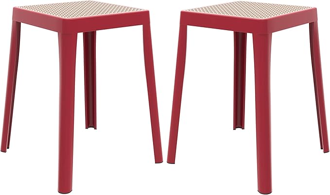 LeisureMod Tresse Mid-Century Modern Square Plastic Dining Stool Set of 2, Stackable Accent Stools with Breathable Seat, Lightweight Seating for Kitchen, Dining Room, Bedroom, or Entryway (Pink)