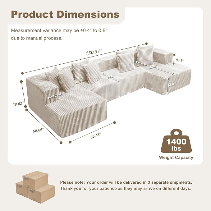 130'' U Shaped Couched for Living Room, Cloud Modular Sectional Couch with 2 Chaise Lounge, Modern Minimalist Upholstered Sofa Sleeper Deep Seat Corner Couch, No Assembly Required Beige