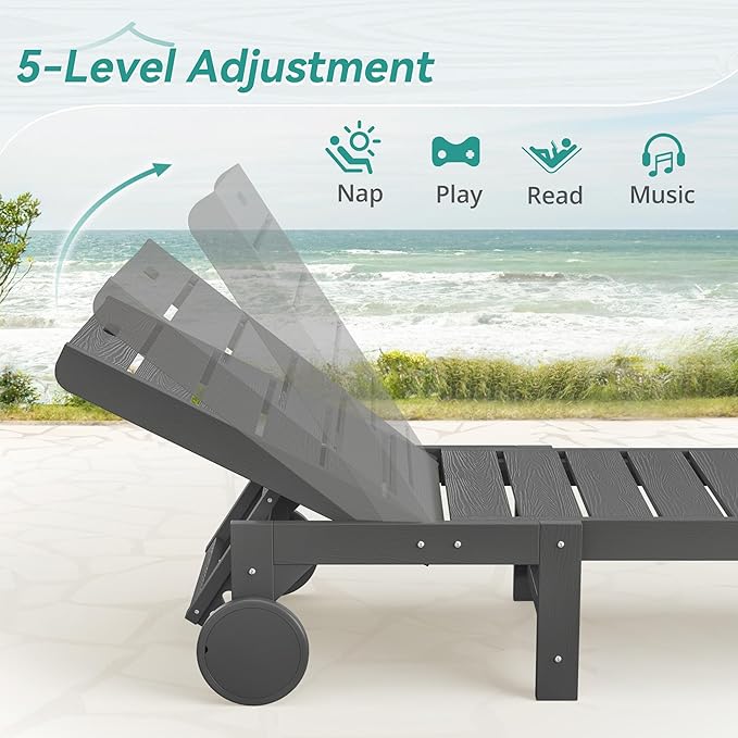 Homenjoy Outdoor Chaise Lounge Chairs with Table, 3-Piece, 26.8” Super Wide Lounge Chair Outdoor, HDPS Pool Chairs with 5 Positions, Patio Lounge Chair with Wheels for Pool,Lawn,Backyard, Dark Gray