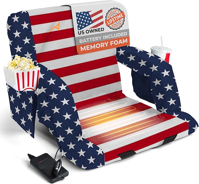 Heated Stadium Seats for Bleachers with Back Support – USB Battery Included - Upgraded 3 Levels of Heat - Foldable Chair - 4 Pockets for Snacks, Cup Holder - for Camping, Games & Sports (USA Flag)