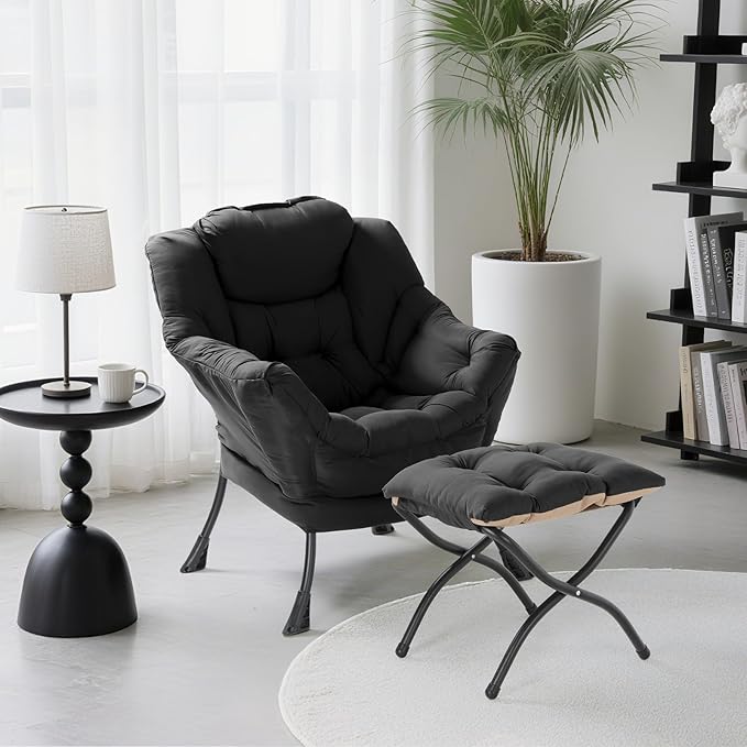 TLSUNNY Lazy Chair with Foldable Ottoman, Modern Comfy Lounge Chair, Large Sofa Armchair with Footrest and a Side Pocket, Reading Chair with Footstool for Bedroom, Living Room, Dorm (Black)