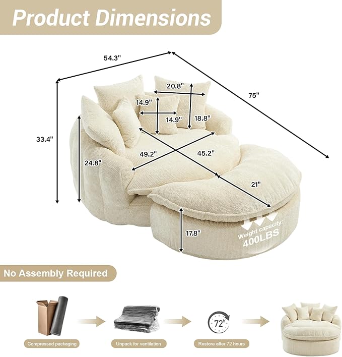 54" Oversized Round Chaise Lounge Indoor Boneless Bean Bag Chair with Movable Ottoman Fluffy Comfy Reading Chair Large Circle Cloud Couch Sleeper Sofa Bed for Living Room, Bedroom, Apartment, Beige