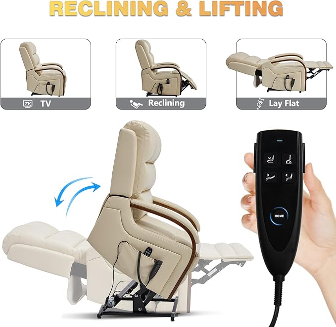 Dual Motor Power Lift Recliner Chair, Lay Flat Recliner, Lift Chair with Massage and Heat, Standing Assistance, Infinite Position Reclining, Living Room Chair (Faux Leather Beige)