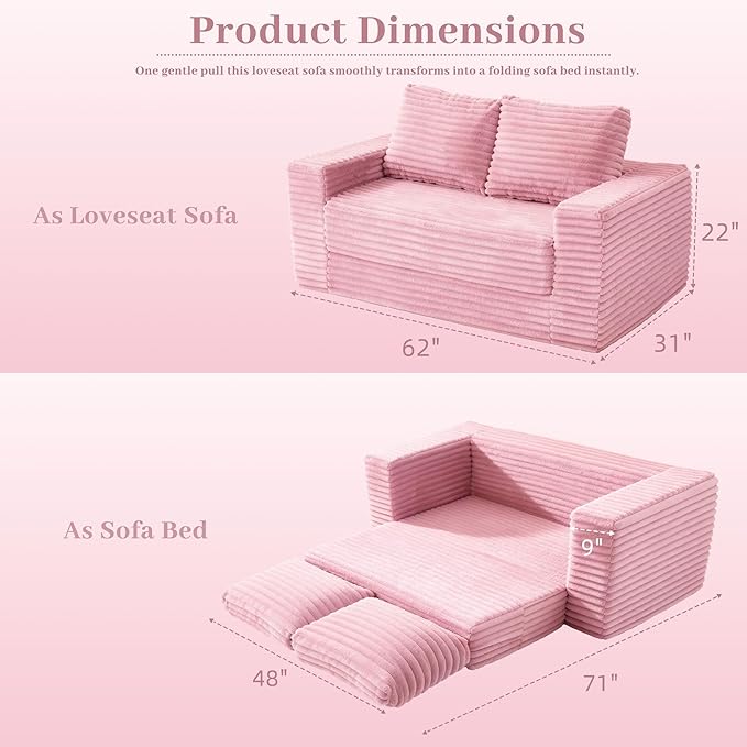 HABUTWAY Convertible Folding Sofa Bed Couch,3 in 1 Pull Out Couch Bed,Loveseat Sleeper Sofa Bed,Boneless Couches with Pillows for Living Room Bedroom, Light Pink