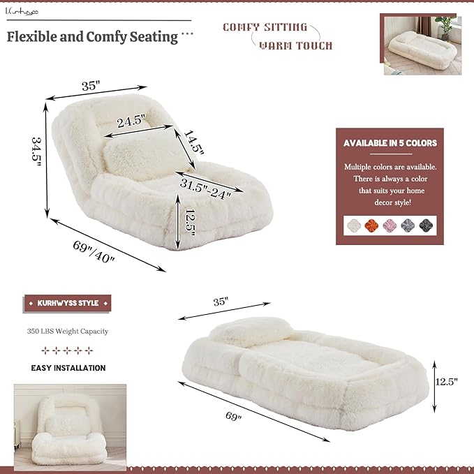 Upholstered Human Dog Bed for Adult & Pets, Convertible Lazy Sofa Bed with 5 Adjustable Position, Comfy Tatami Bean Bag Lounge Chair with 2 Soft Pillows for Bedroom Living Room (Beige Fluffy)
