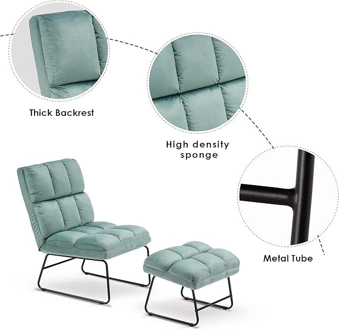 MCombo Velvet Accent Chair with Ottoman Set, Modern Armless Chair for Living Room, Bedroom, Small Space 0014 (Velvet, Light Green)